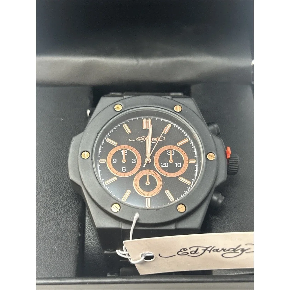 NIB Ed Hardy Men's Black Chronograph Watch W/ Rose Gold Details ($95 Retail)